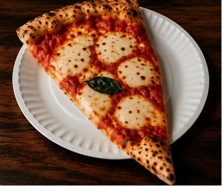 Fatia grande de pizza margherita sobre prato de papel