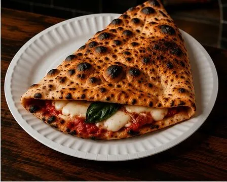 Pizza portafoglio dobrada ao meio sobre prato de papel, recheio à mostra
