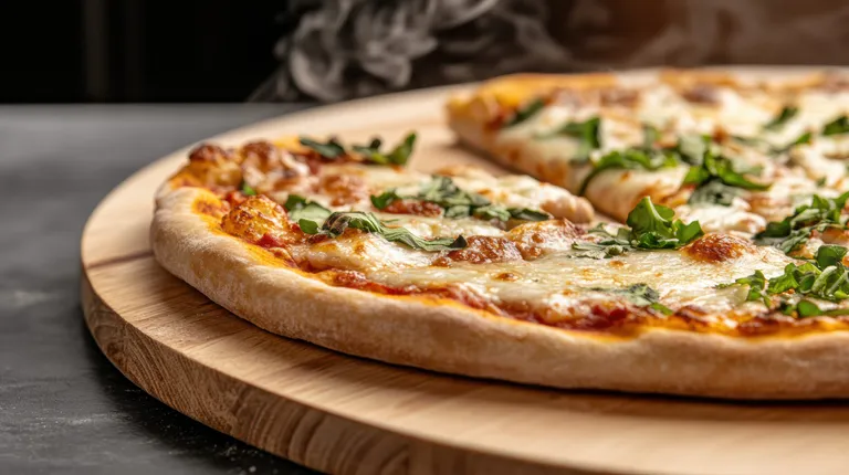 Pizza napolitana da PAX, fresca e fumegante, coberta com manjericão